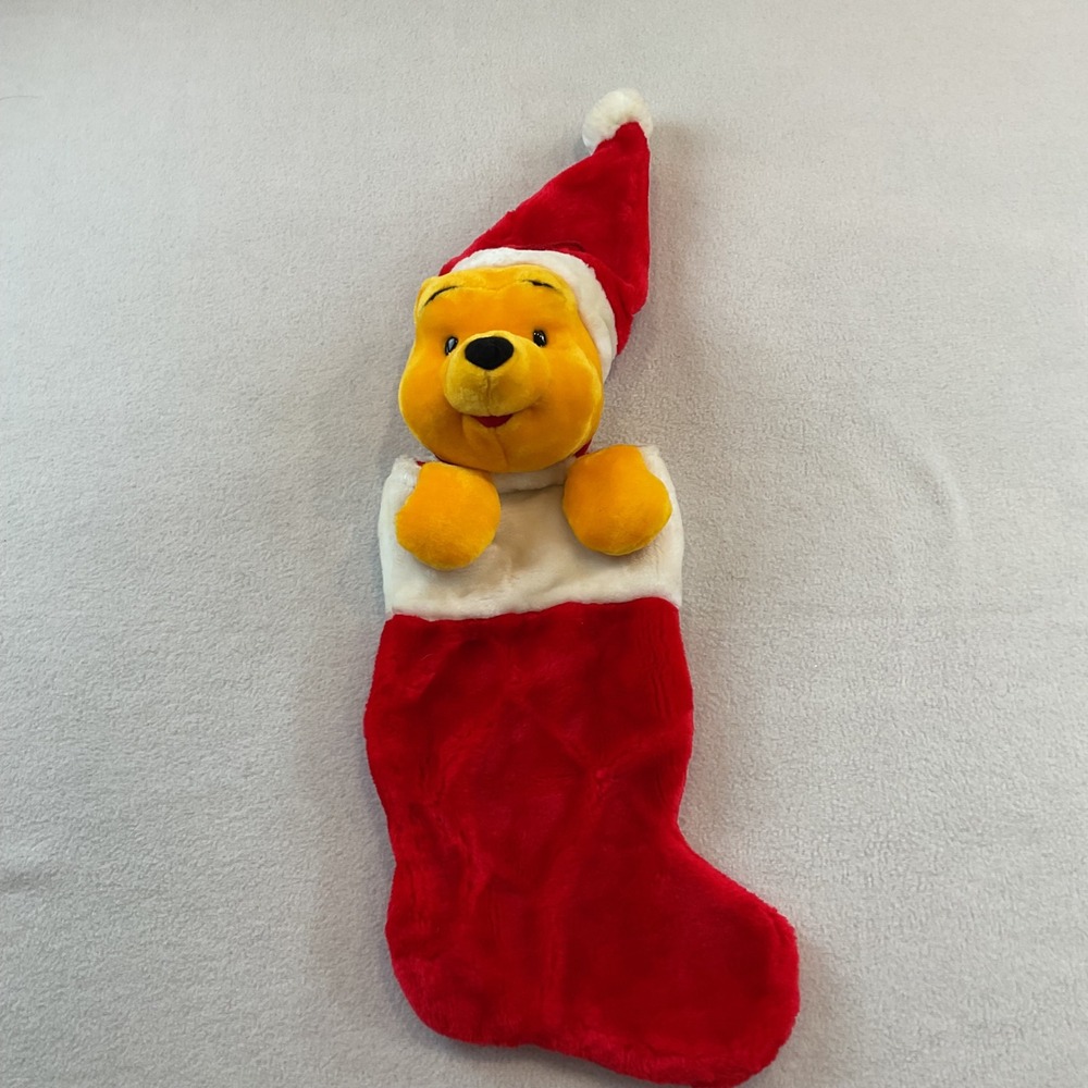 Disney Winnie the Pooh Plush Christmas Stocking Red White Santa Hat